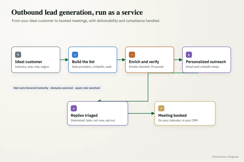Diagram of an outbound lead generation program from ideal customer profile and list building through warmed domains, sequences and reply triage to booked meetings