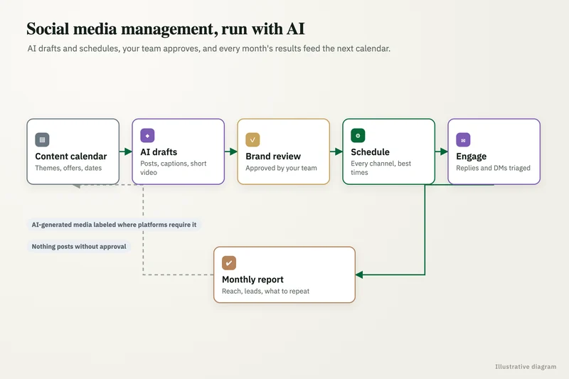 Diagram of a social media automation cycle from content calendar to AI drafts, brand approval, scheduling, inbox triage and monthly reporting
